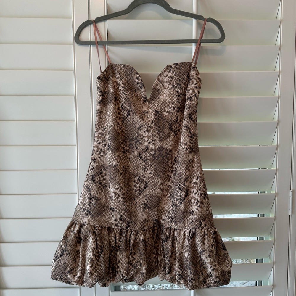 Strapless snake skin mini dress with ruffle